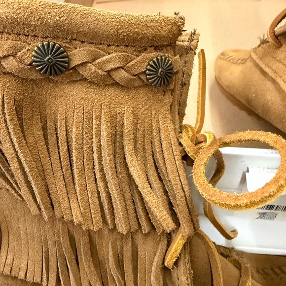 Minnetonka Tan Suede Ankle Boots with Fringe - Picture 6 of 6